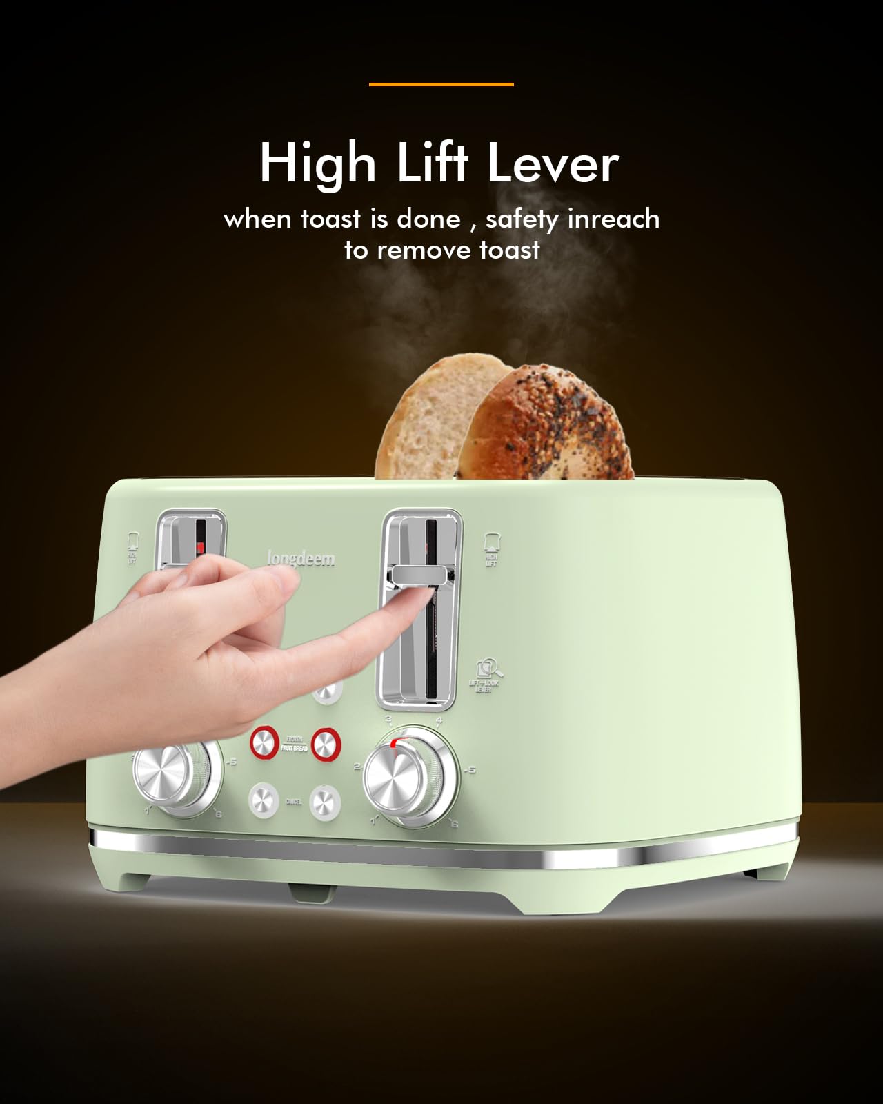 4 Slice Toaster, Extra Wide Slots, Longdeem Retro Stainless Steel Toasters, 6 Browning Options, Lift + Look, Auto Shut Off & Frozen Function, Toast Fruit Bread, Bagel & Waffle, Pastel Green