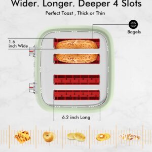 4 Slice Toaster, Extra Wide Slots, Longdeem Retro Stainless Steel Toasters, 6 Browning Options, Lift + Look, Auto Shut Off & Frozen Function, Toast Fruit Bread, Bagel & Waffle, Pastel Green