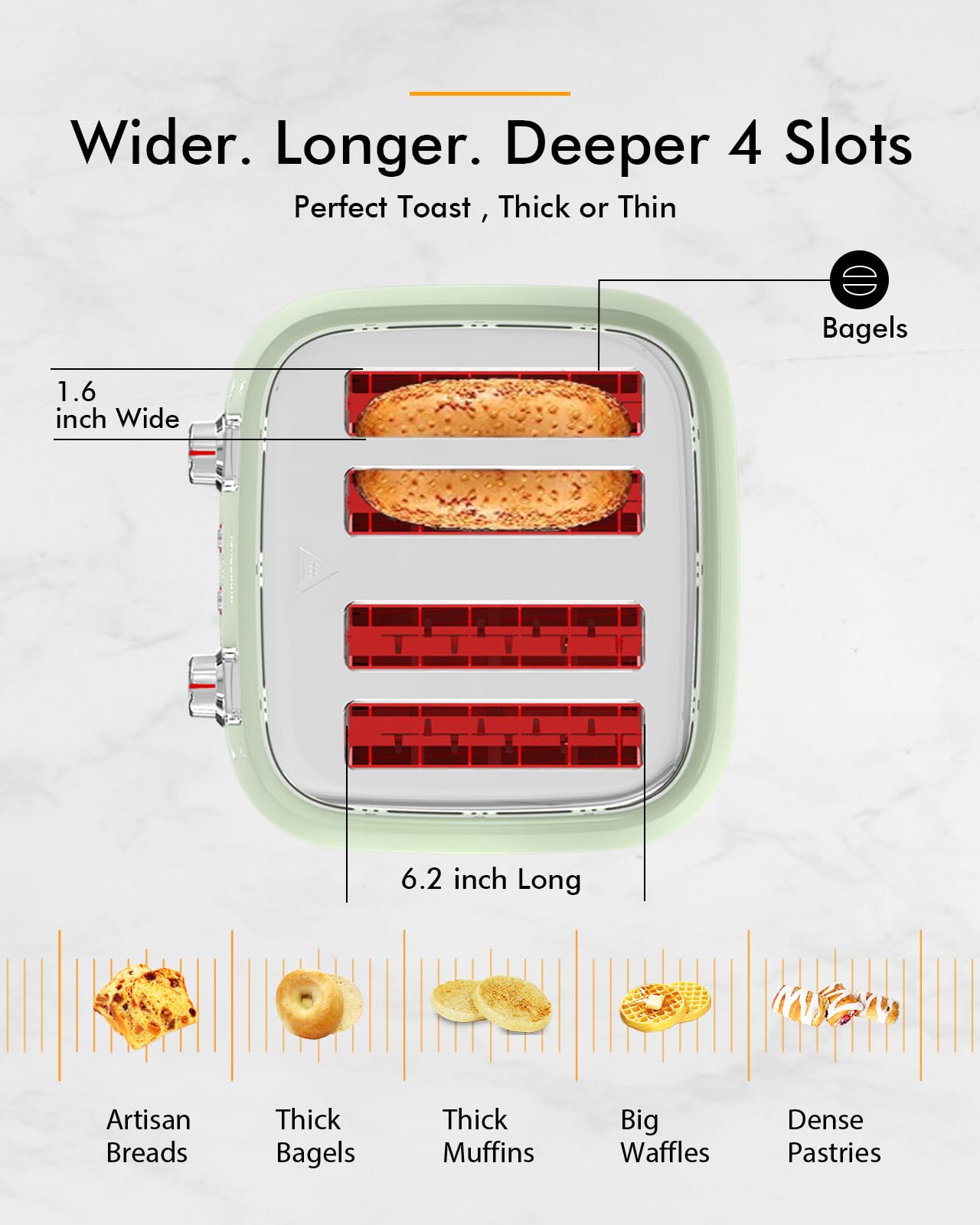 4 Slice Toaster, Extra Wide Slots, Longdeem Retro Stainless Steel Toasters, 6 Browning Options, Lift + Look, Auto Shut Off & Frozen Function, Toast Fruit Bread, Bagel & Waffle, Pastel Green