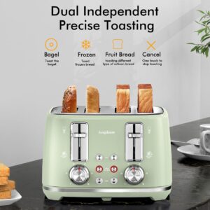 4 Slice Toaster, Extra Wide Slots, Longdeem Retro Stainless Steel Toasters, 6 Browning Options, Lift + Look, Auto Shut Off & Frozen Function, Toast Fruit Bread, Bagel & Waffle, Pastel Green