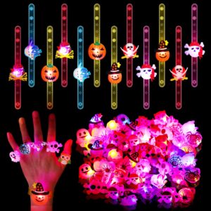 100 pcs halloween party favors toys 76 halloween led light up rings and 24 bracelets bulk for light up halloween toys glow in the dark for kids halloween party supplies decorations