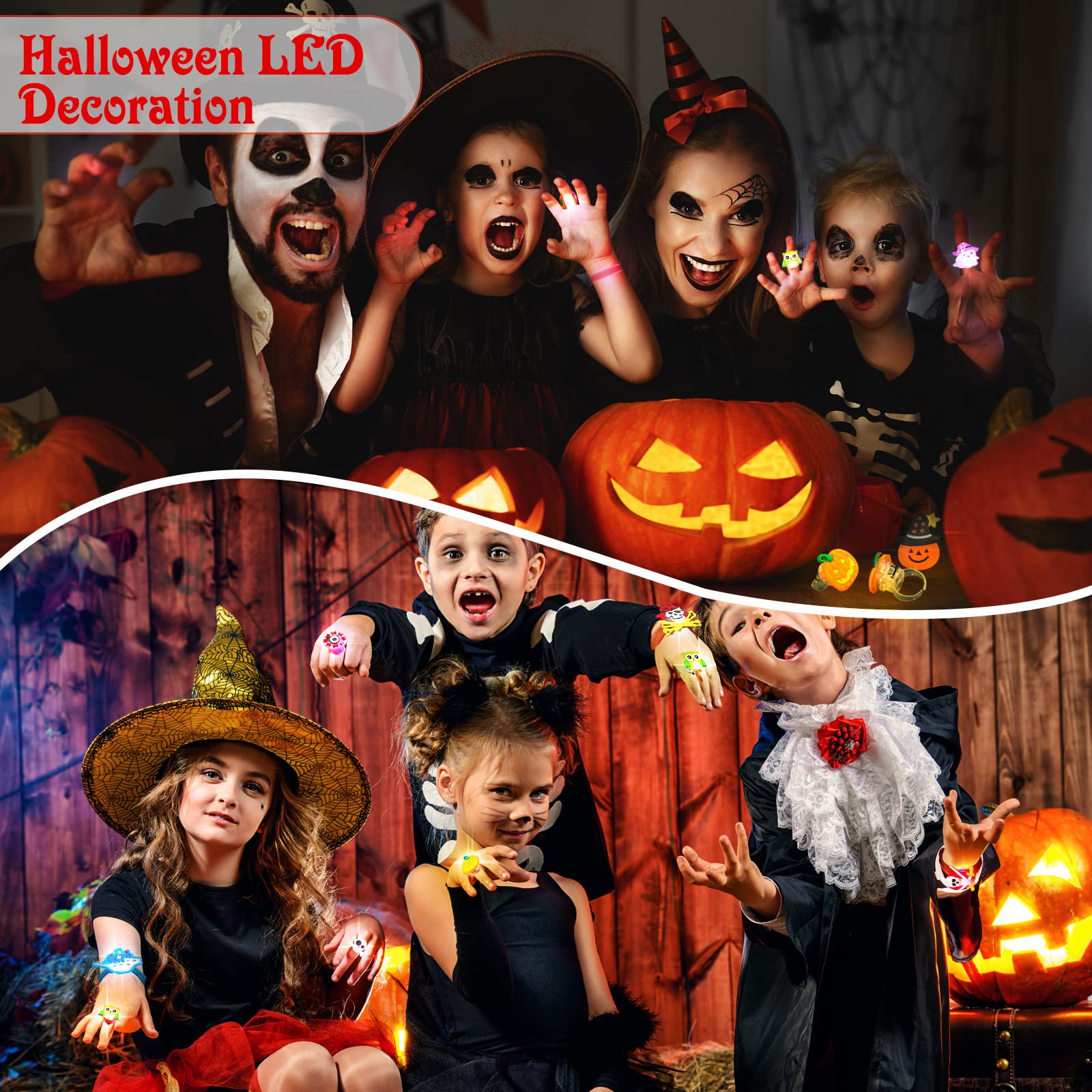 100 Pcs Halloween Party Favors Toys 76 Halloween LED Light Up Rings and 24 Bracelets Bulk for Light Up Halloween Toys Glow in The Dark for Kids Halloween Party Supplies Decorations