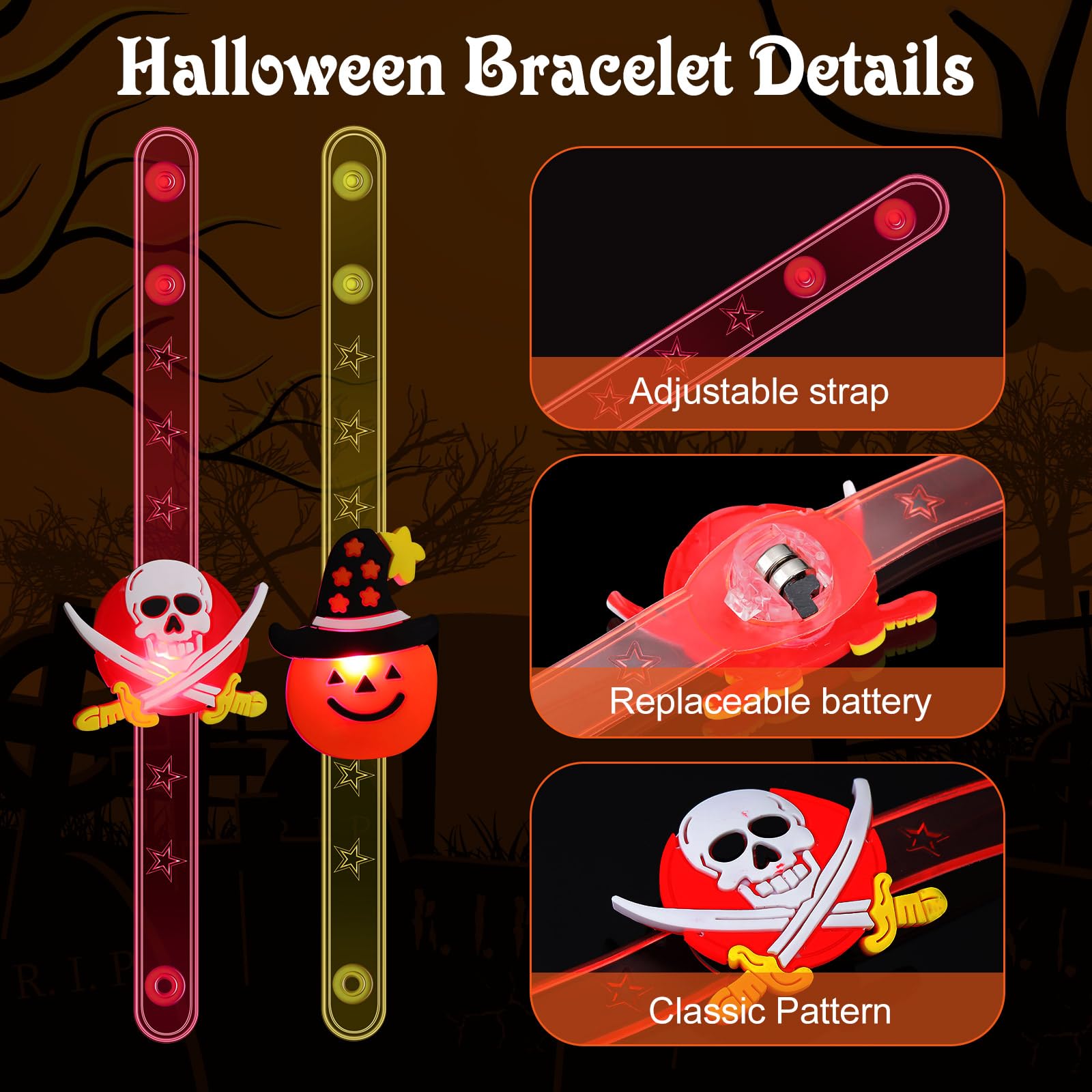 100 Pcs Halloween Party Favors Toys 76 Halloween LED Light Up Rings and 24 Bracelets Bulk for Light Up Halloween Toys Glow in The Dark for Kids Halloween Party Supplies Decorations