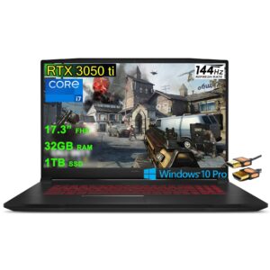 msi katana gf76 17 gaming laptop 17.3” fhd ips 144hz thin bezel display 11th gen intel 8-core i7-11800h 32gb ram 1tb ssd geforce rtx 3050 ti 4gb backlit usb-c nahimic win10pro black + hdmi cable