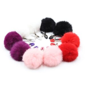 JIAHAO Furry Feather Nipple Clamps Clips Adjustable Rabbit Tail BDSM Sex Toy Unisex (Black)