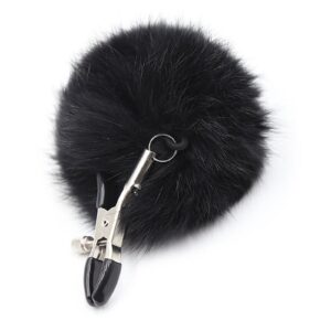 JIAHAO Furry Feather Nipple Clamps Clips Adjustable Rabbit Tail BDSM Sex Toy Unisex (Black)