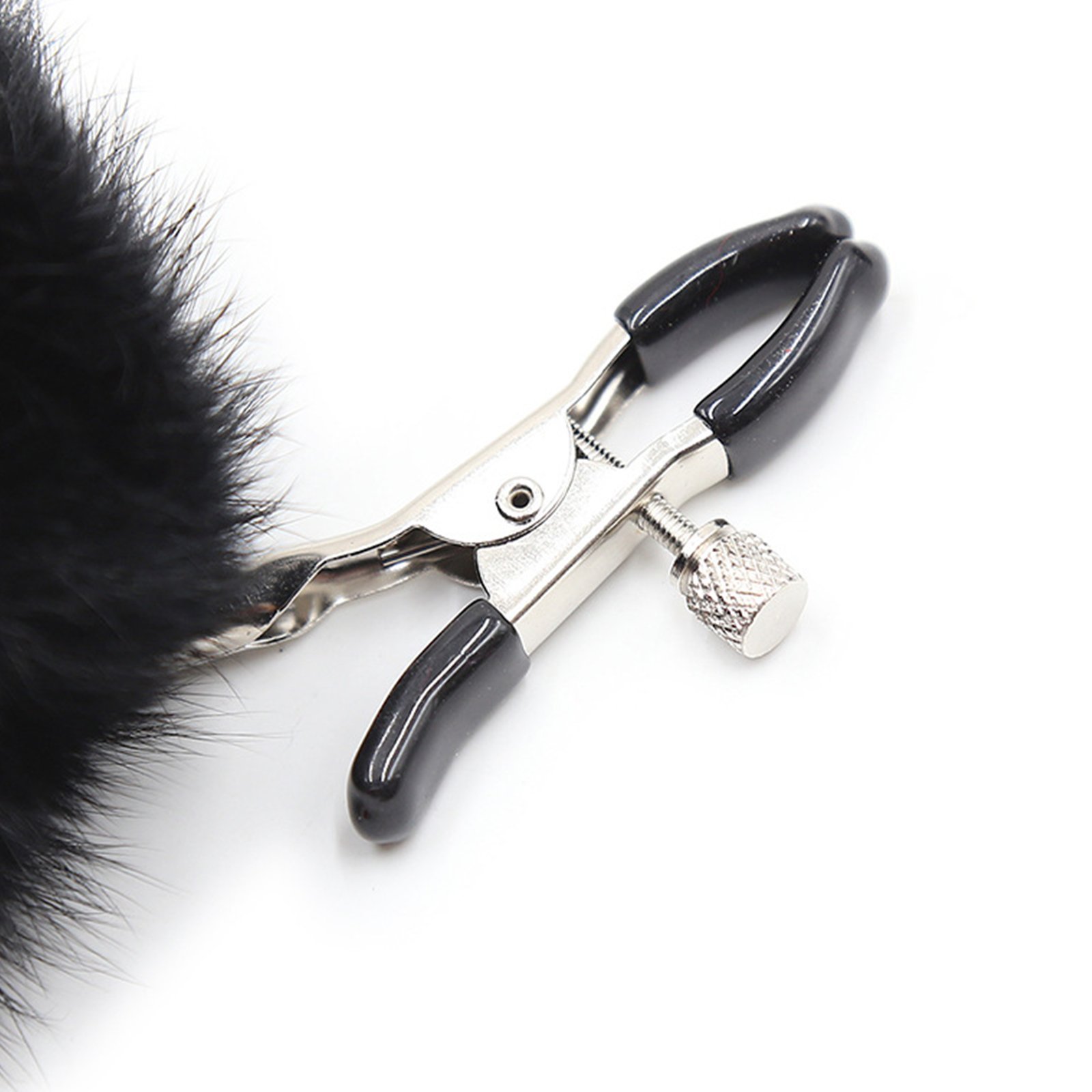 JIAHAO Furry Feather Nipple Clamps Clips Adjustable Rabbit Tail BDSM Sex Toy Unisex (Black)