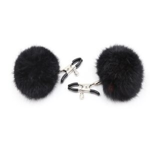 JIAHAO Furry Feather Nipple Clamps Clips Adjustable Rabbit Tail BDSM Sex Toy Unisex (Black)