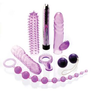 Adam & Eve Complete Lovers Kit including Beads, Sleeves, & Vibe, 7-Piece, Purple