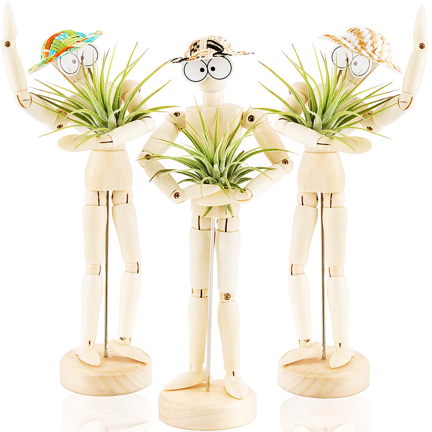 Melphoe 3 Pack Air Plant Holder Wooden Jointed Mannequin Tabletop Flexible Shape Adjustable Pose & DIY Accessories Decor Planter Tillandsia Air Fern Display Stand for Home, Office (3pack)