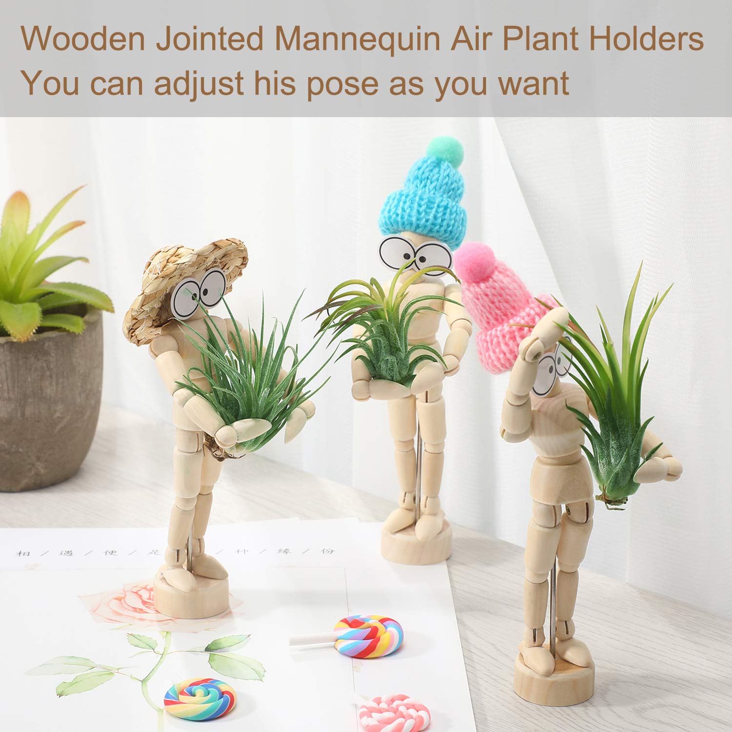 6 Sets Air Plant Holder Wooden Jointed Mannequin Tabletop Flexible Shape Adjustable Pose DIY Accessories Decor Planter Tillandsia Air Fern Display Stand for Home, Office Decor Supplies