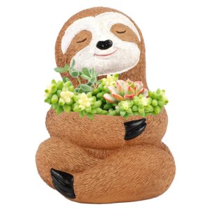 DUPOCHU Sloth Succulent Pot Planter, 4.7in Brown Resin, Cute Flower Garden Pot for Plants with Drainage Hole, Multifunctional Indoor Outdoor Decor