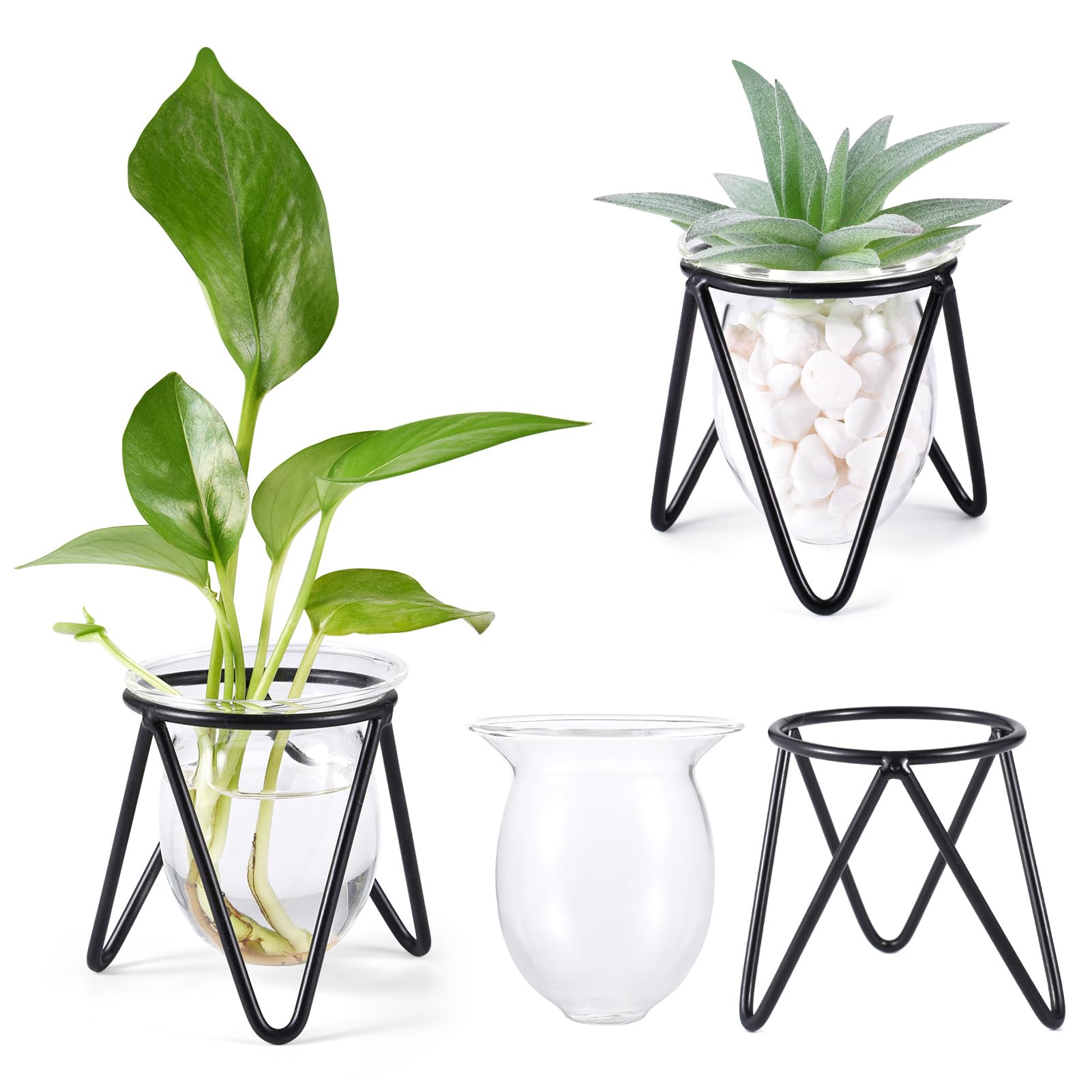 Jspupifip 3 Pcs Glass Plant Terrarium with Metal Stand, Air Plants Holders Hydroponic Plant Vases Desktop Bulb Glass Vase for Indoor Plants Home Garden Office Decoration, Black