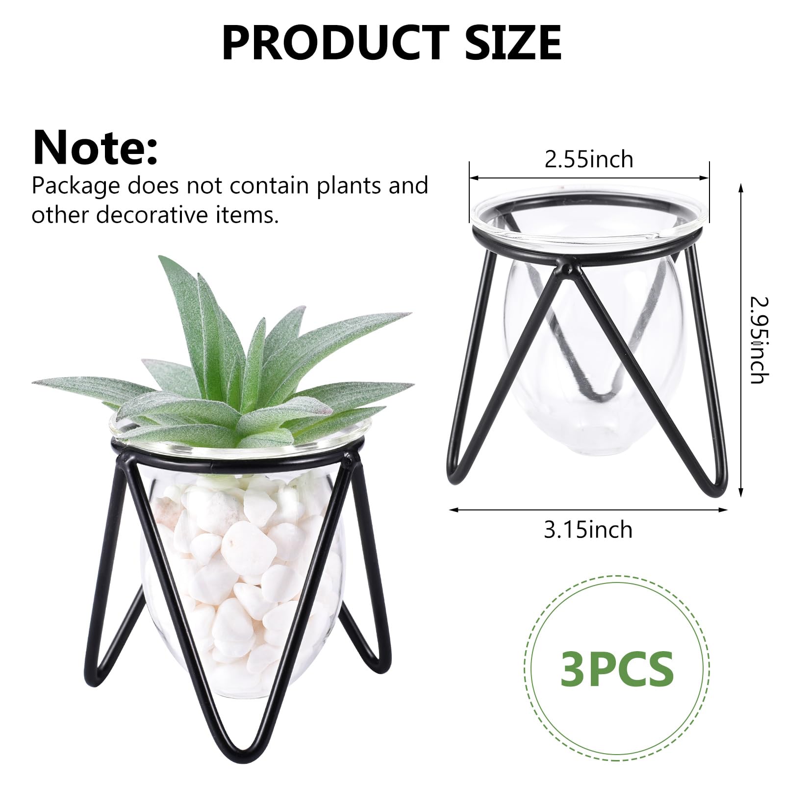 Jspupifip 3 Pcs Glass Plant Terrarium with Metal Stand, Air Plants Holders Hydroponic Plant Vases Desktop Bulb Glass Vase for Indoor Plants Home Garden Office Decoration, Black