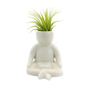 3.25 inch white ceramic meditating person shaped planter with live tillandsia air plant - potted indoor air plants for home and office decor