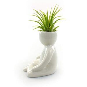 3.25 Inch White Ceramic Meditating Person Shaped Planter with Live Tillandsia Air Plant - Potted Indoor Air Plants for Home and Office Decor