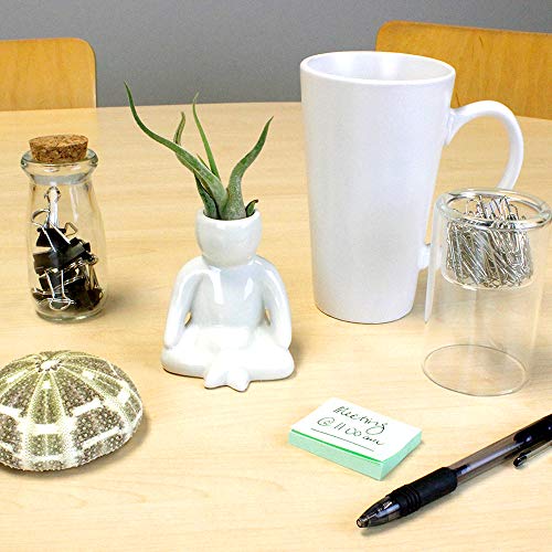 3.25 Inch White Ceramic Meditating Person Shaped Planter with Live Tillandsia Air Plant - Potted Indoor Air Plants for Home and Office Decor