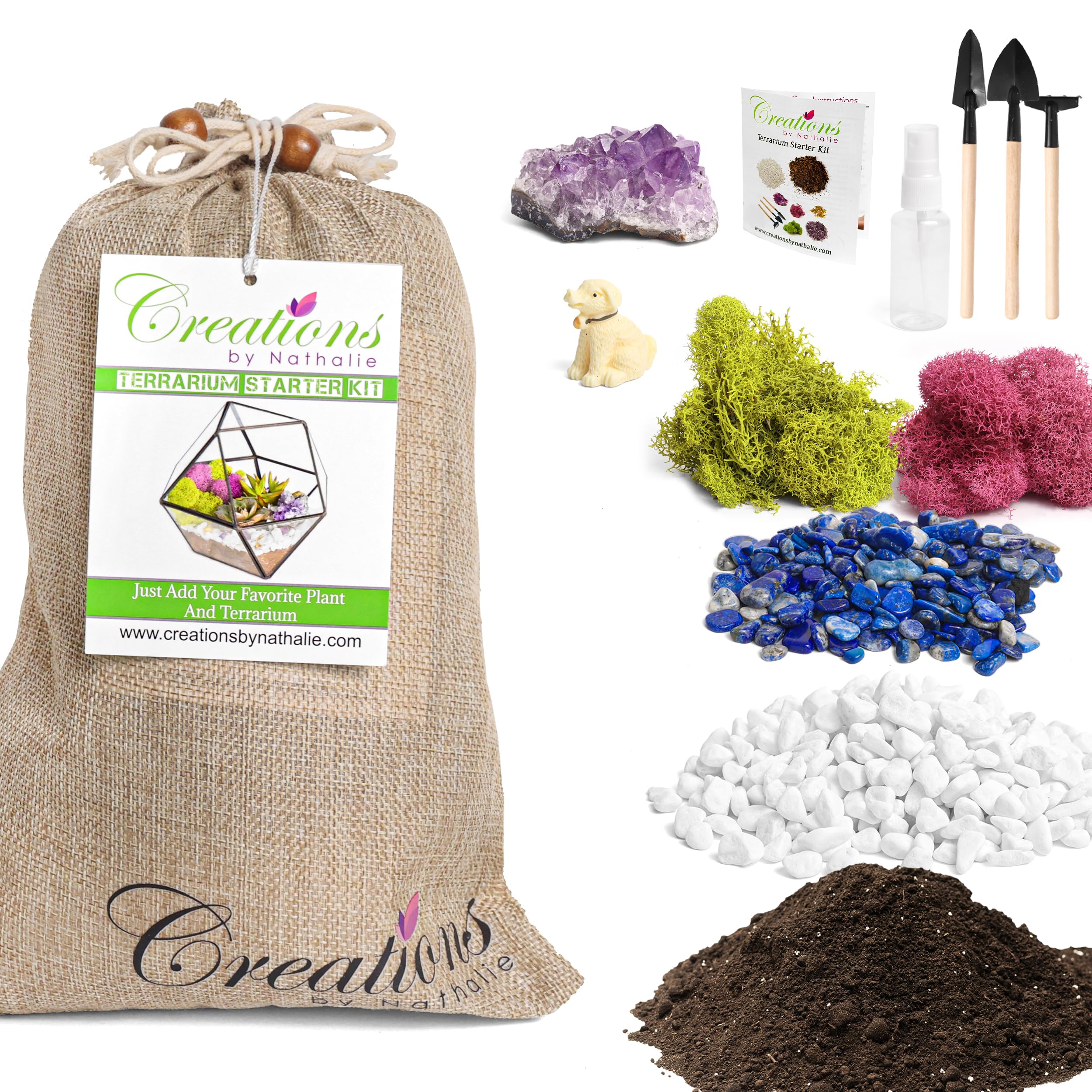 Creations by Nathalie – Premium Small DIY Succulent, Cactus, or Air Plant Terrarium Kit with Soil, Moss, Pebbles, Terrarium Tools, Amethyst Gem, Crystal Chips - Handmade in USA