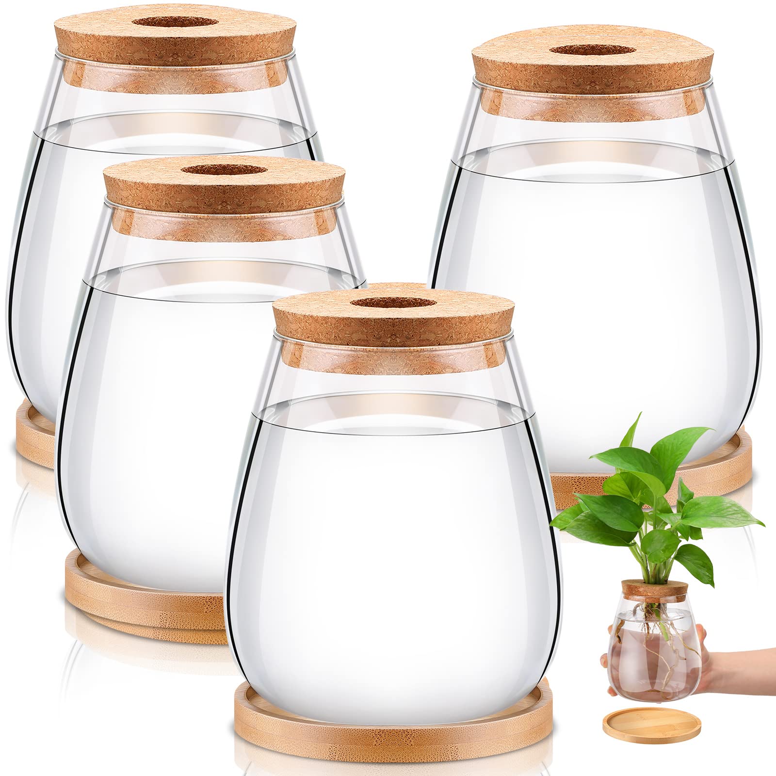 4 Pcs Desktop Plant Terrarium Plant Propagation Planter Propagation Vase Propagation Jars Glass Plant Containers Air Planter Water Station with Wooden Lid and Stand for Hydroponic Home Office (Large)