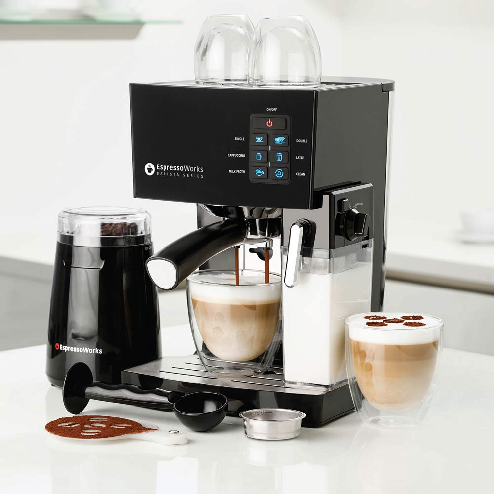 EspressoWorks 19-Bar Espresso, Latte and Cappuccino Maker 10-Piece Set - Brew Cappuccino and Latte with One Button - Espresso Machine with Milk Steamer 1250W - Coffee Gifts (Black)