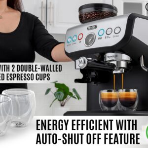 Zulay Kitchen Magia Manual Espresso Machine with Grinder and Extra Large 2L Removable Water Tank and Original Milk Frother with Stand