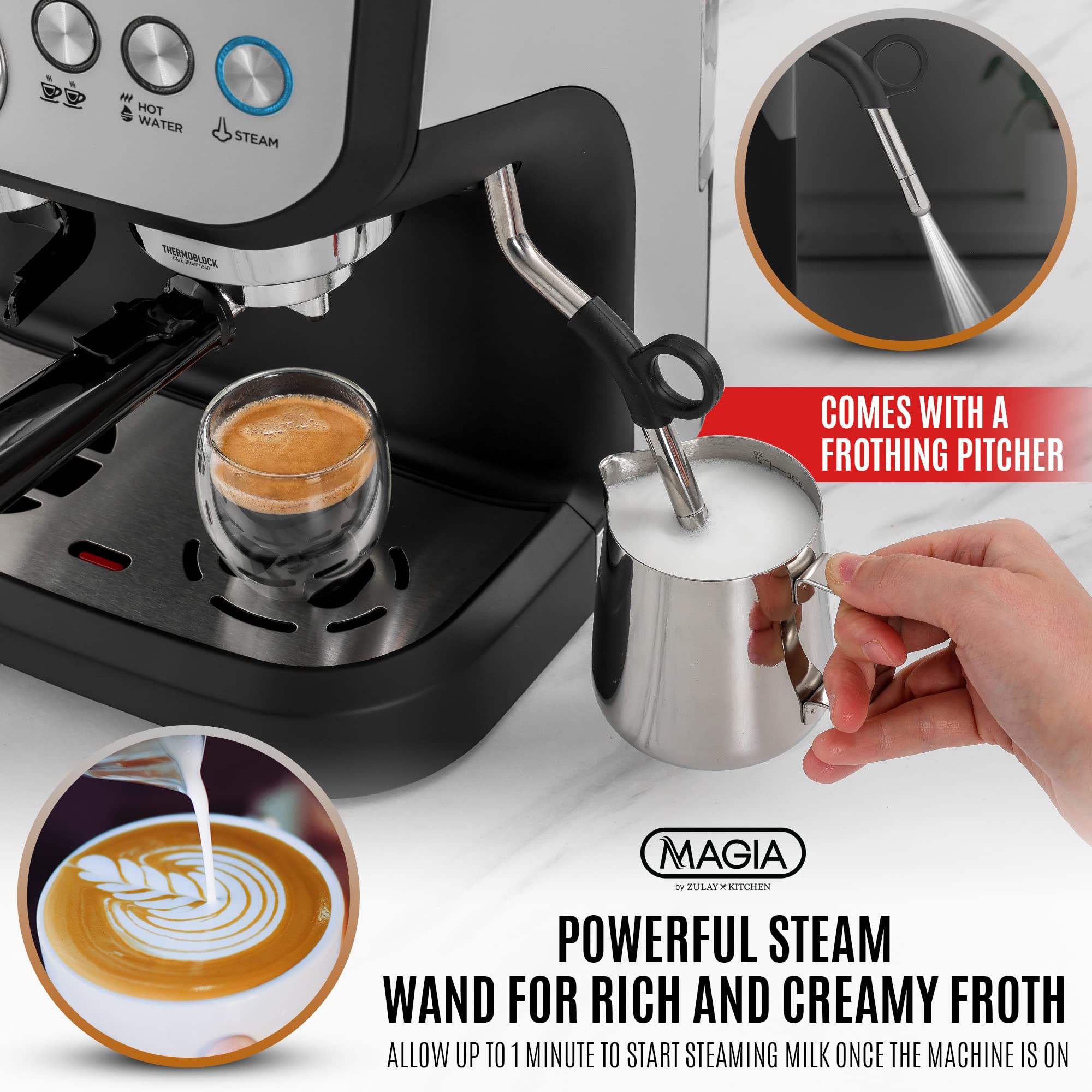 Zulay Kitchen Magia Manual Espresso Machine with Grinder and Extra Large 2L Removable Water Tank and Original Milk Frother with Stand