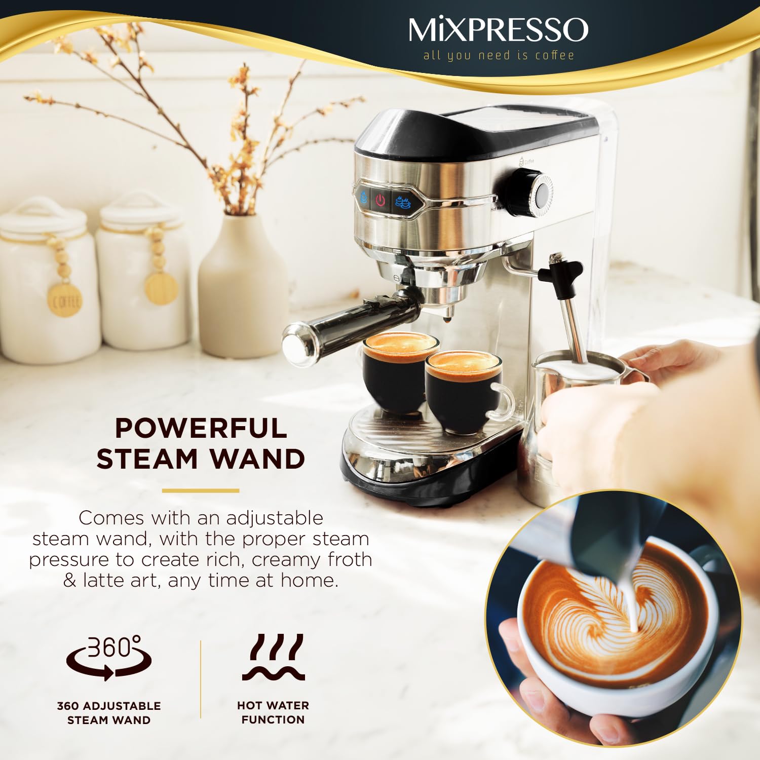 Mixpresso Professional Espresso Machine for Home 15 Bar with Milk Frother Steam Wand, Espresso Maker with Double-Cup Splitter, 1450w Fast Heating, Cappuccino and Latte machine with 37Oz Water Tank