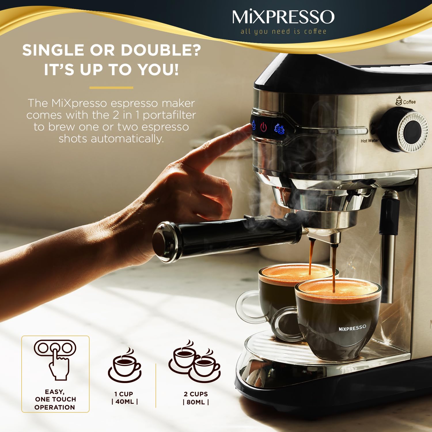 Mixpresso Professional Espresso Machine for Home 15 Bar with Milk Frother Steam Wand, Espresso Maker with Double-Cup Splitter, 1450w Fast Heating, Cappuccino and Latte machine with 37Oz Water Tank