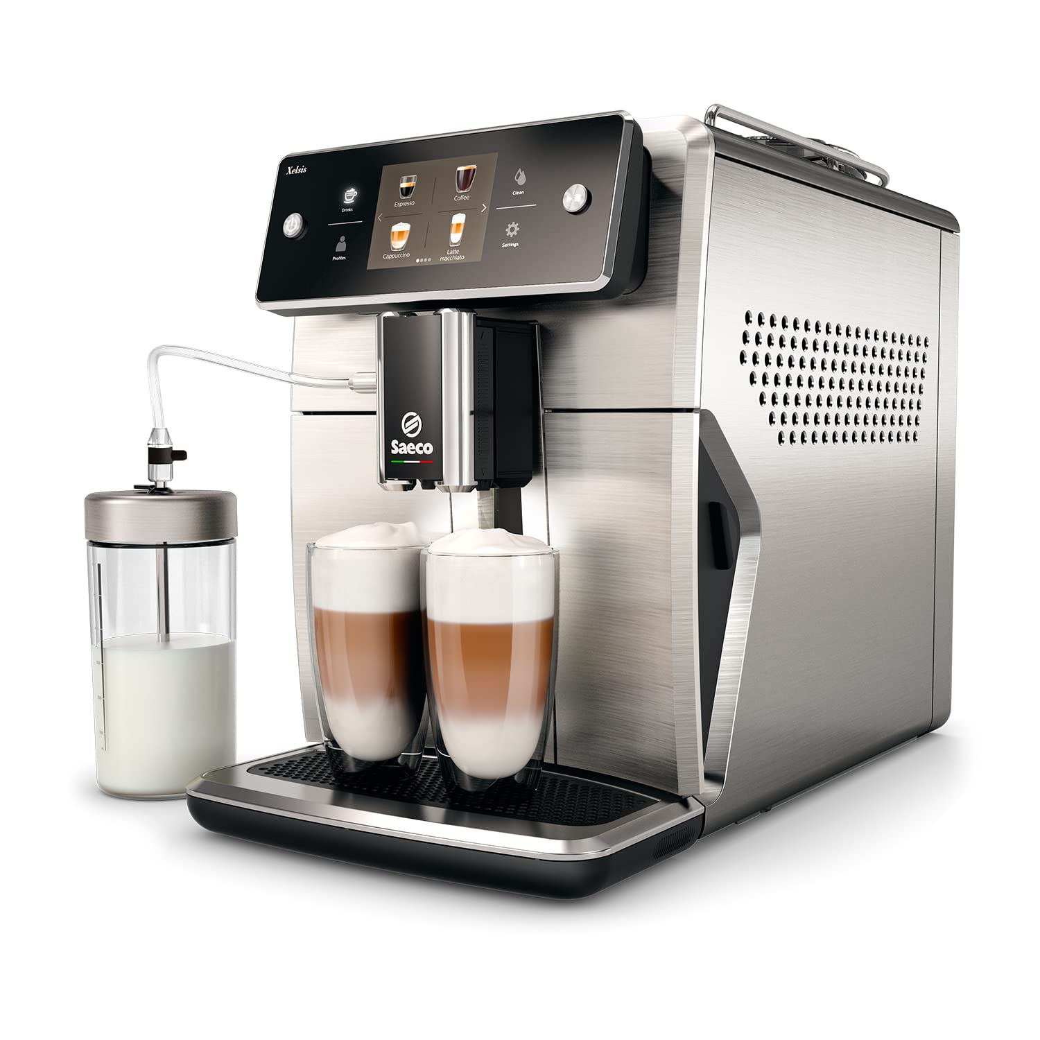 Philips Saeco Xelsis Super Automatic Espresso Machine - LatteDuo Milk System, 15 Coffee Varieties, 8 User Profiles, Touch Screen, Stainless Steel, (SM7685/04)