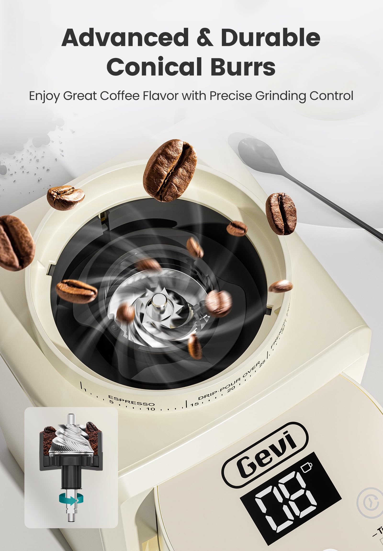 Gevi Electric Burr Coffee Grinder with 35 Grind Settings for Espresso, Drip, French Press - 120V