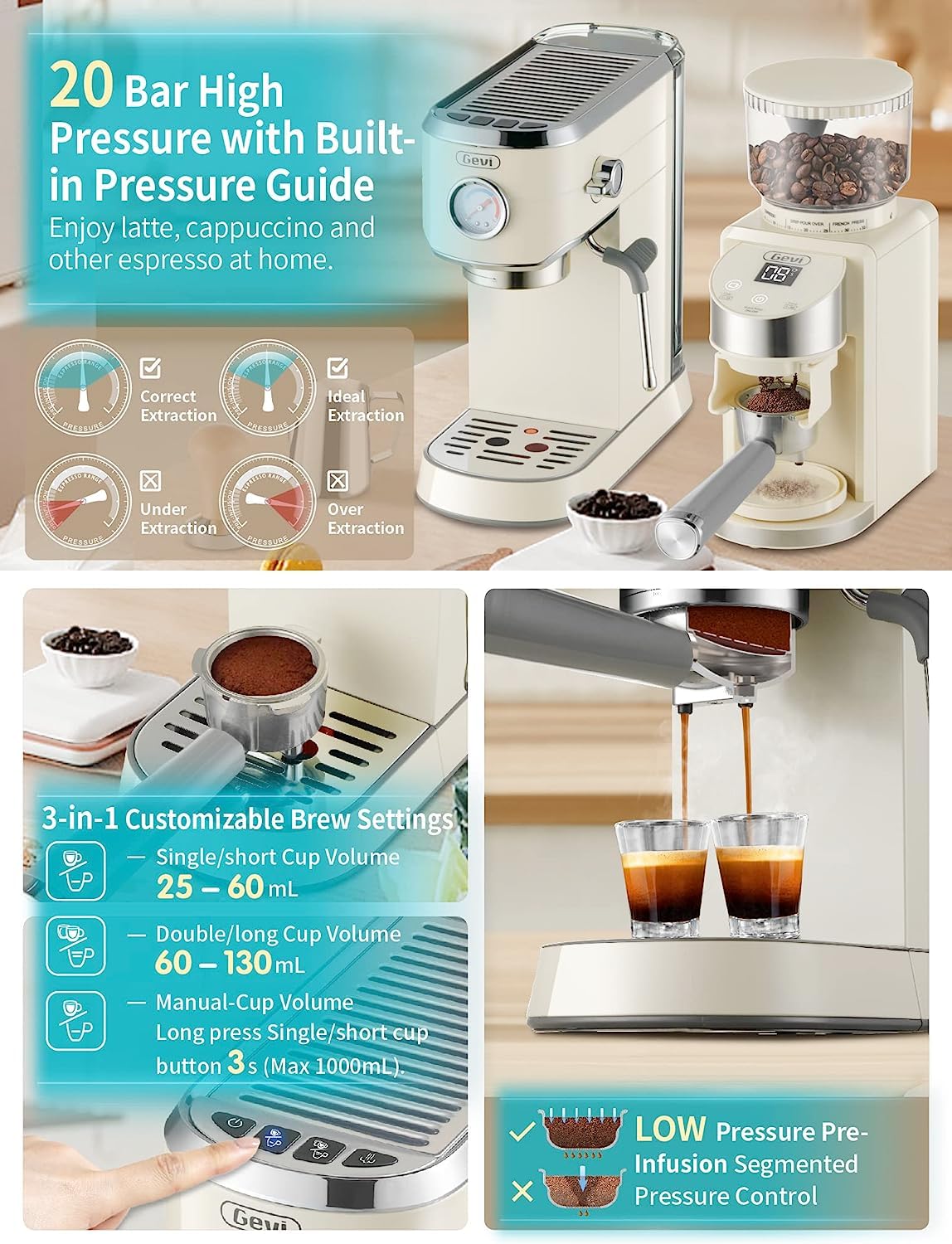 Gevi Espresso Machine 20 Bar with Grinder，Professional Espresso Maker with 35 Precise Grind Settings Burr Coffee Grinders Combos, Commercial Espresso Machines & Coffee Makers, Gift for Coffee Lover