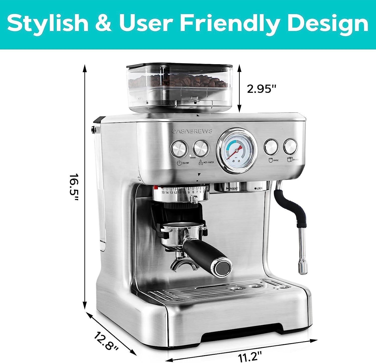 CASABREWS Espresso Machine With Grinder, Professional Espresso Maker With Milk Frother Steam Wand, Barista Espresso Coffee Machine With Removable Water Tank, Used