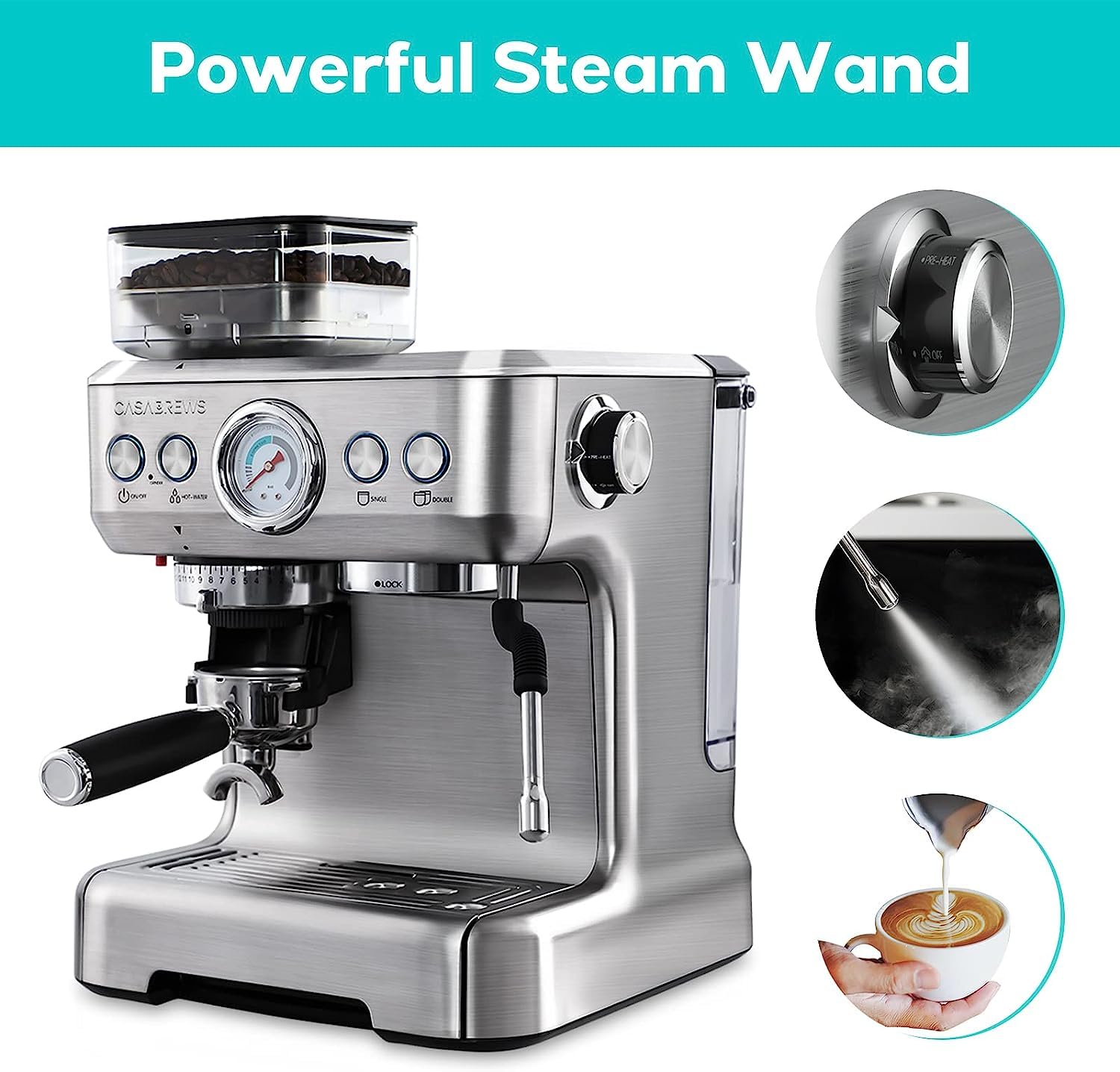 CASABREWS Espresso Machine With Grinder, Professional Espresso Maker With Milk Frother Steam Wand, Barista Espresso Coffee Machine With Removable Water Tank, Used