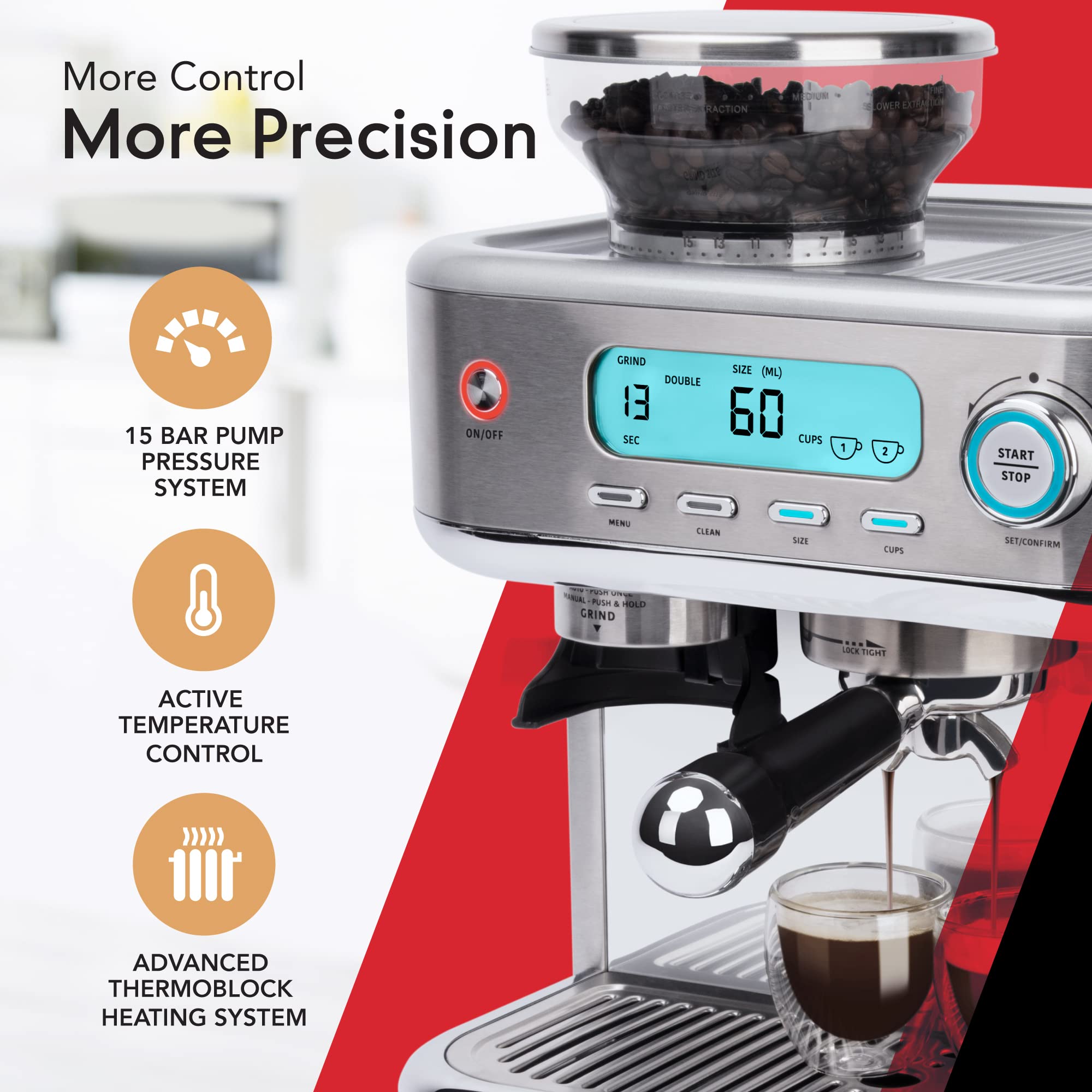 EspressoWorks Barista Pro Series Espresso Machine with Grinder, LCD Display and Steamer - Ready To Go In 60 Sec - 15-Bar Latte and Cappuccino Machine 30-Piece Bundle - Coffee Gifts (Silver)