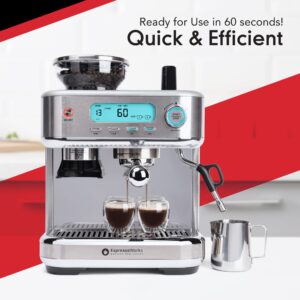 EspressoWorks Barista Pro Series Espresso Machine with Grinder, LCD Display and Steamer - Ready To Go In 60 Sec - 15-Bar Latte and Cappuccino Machine 30-Piece Bundle - Coffee Gifts (Silver)