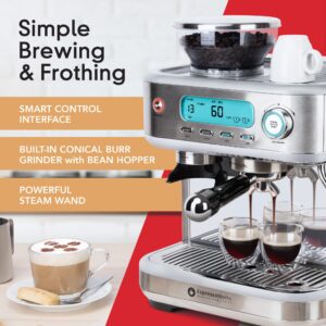 EspressoWorks Barista Pro Series Espresso Machine with Grinder, LCD Display and Steamer - Ready To Go In 60 Sec - 15-Bar Latte and Cappuccino Machine 30-Piece Bundle - Coffee Gifts (Silver)