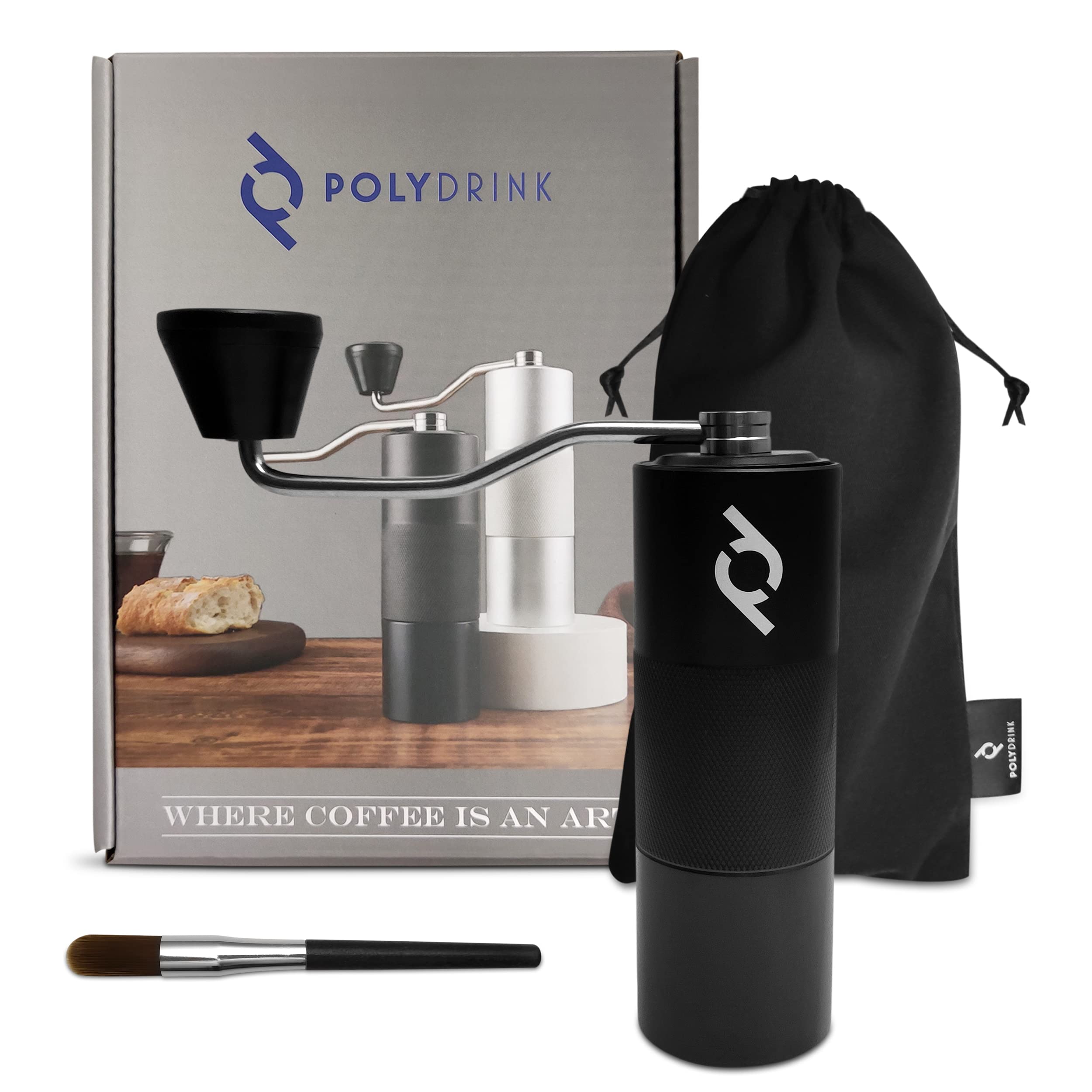 Polydrink Manual Coffee Grinder (Black) - Stainless Steel Conical Burr with Internal Adjustable Settings - Portable, Good for Home Office Traveling Hiking or Camping - Espresso to French Press