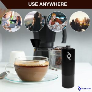 Polydrink Manual Coffee Grinder (Black) - Stainless Steel Conical Burr with Internal Adjustable Settings - Portable, Good for Home Office Traveling Hiking or Camping - Espresso to French Press