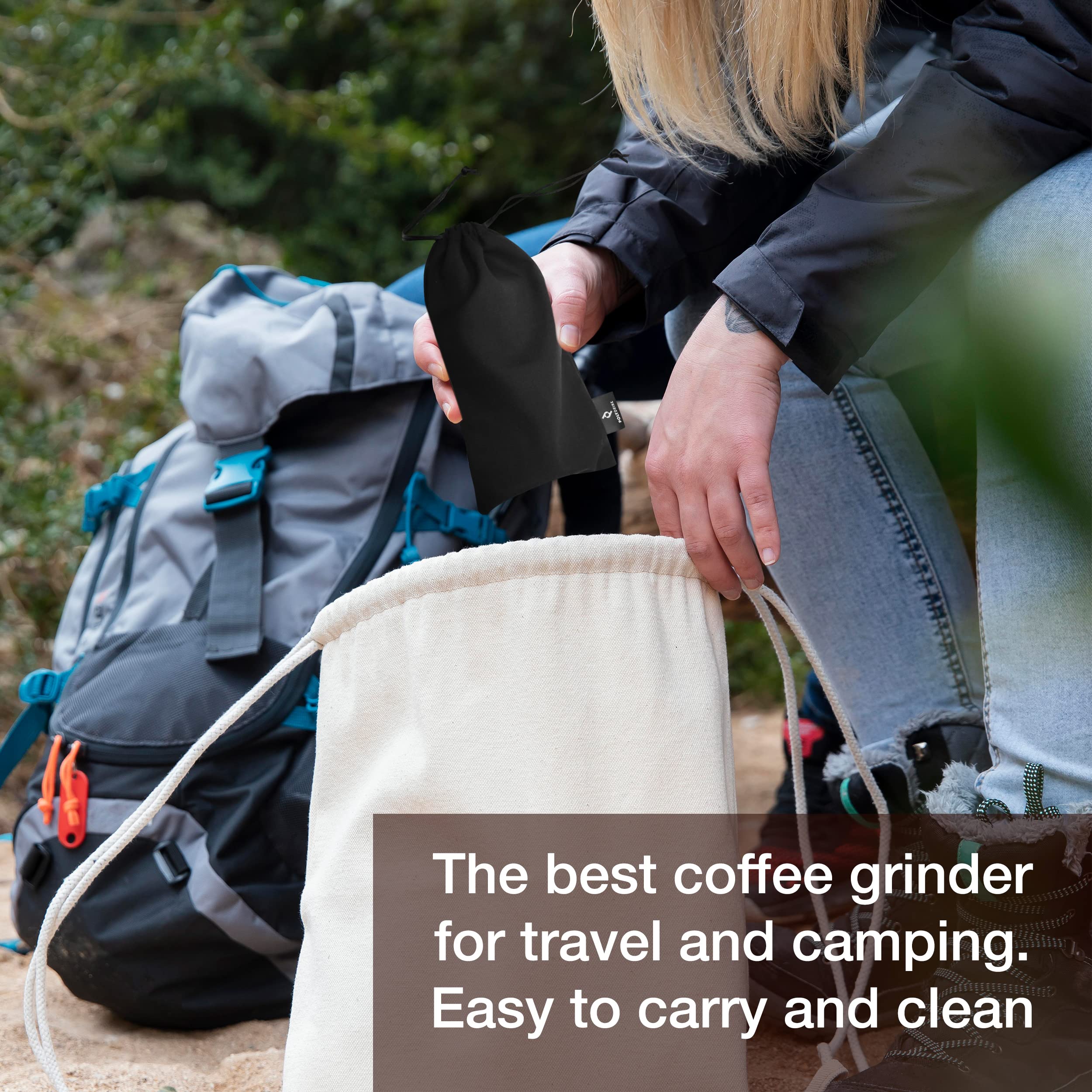 Polydrink Manual Coffee Grinder (Black) - Stainless Steel Conical Burr with Internal Adjustable Settings - Portable, Good for Home Office Traveling Hiking or Camping - Espresso to French Press