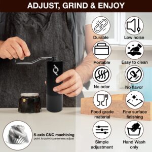 Polydrink Manual Coffee Grinder (Black) - Stainless Steel Conical Burr with Internal Adjustable Settings - Portable, Good for Home Office Traveling Hiking or Camping - Espresso to French Press