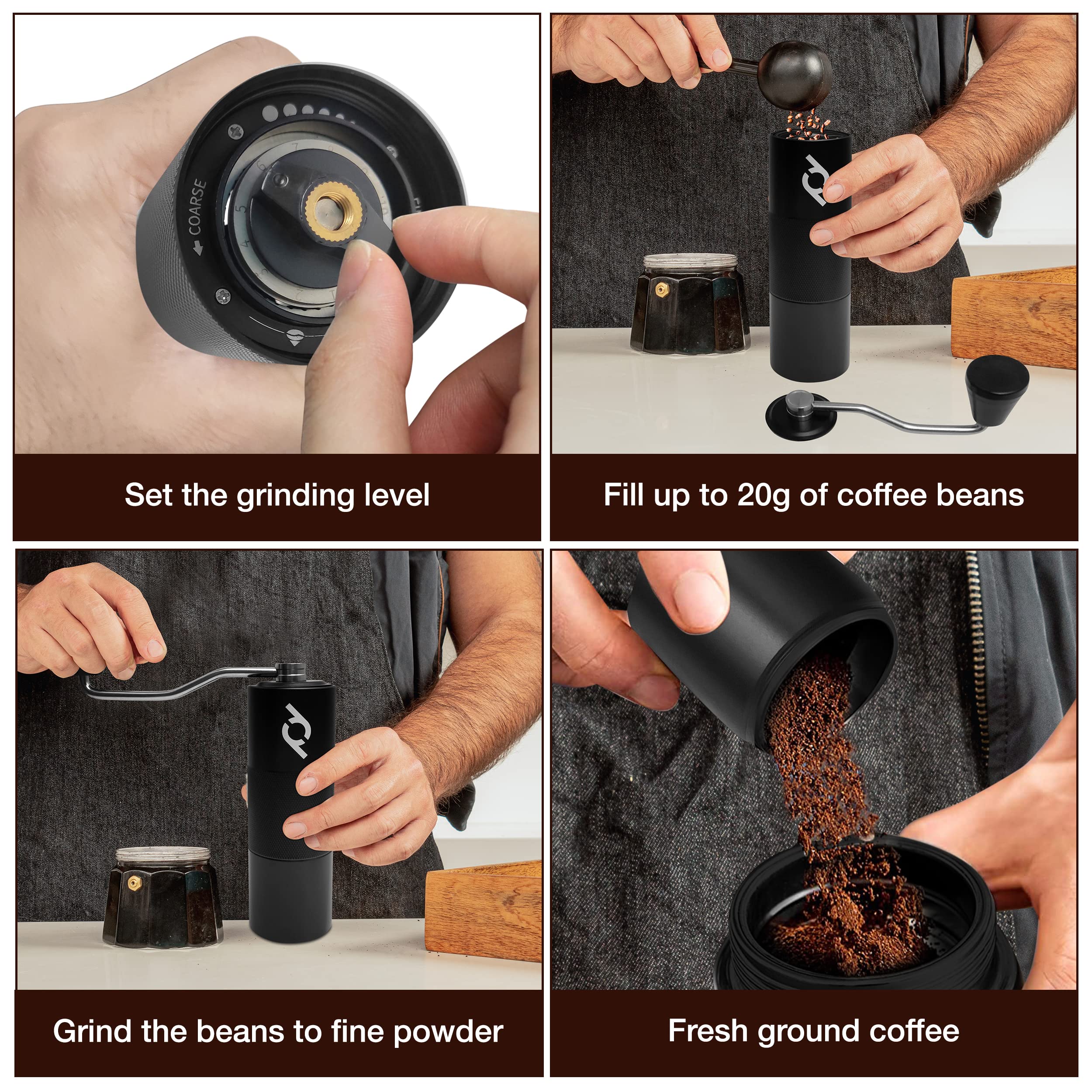 Polydrink Manual Coffee Grinder (Black) - Stainless Steel Conical Burr with Internal Adjustable Settings - Portable, Good for Home Office Traveling Hiking or Camping - Espresso to French Press