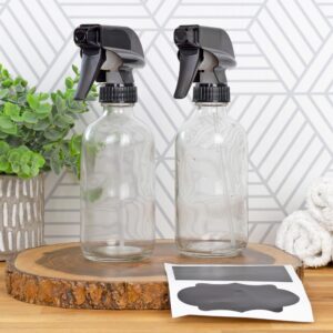 Cornucopia Brands 8-Ounce Clear Glass Spray Bottles (2-Pack); Boston Round Bottles w/ 3-Setting Adjustable Black Heavy Duty Sprayers & Chalk Labels