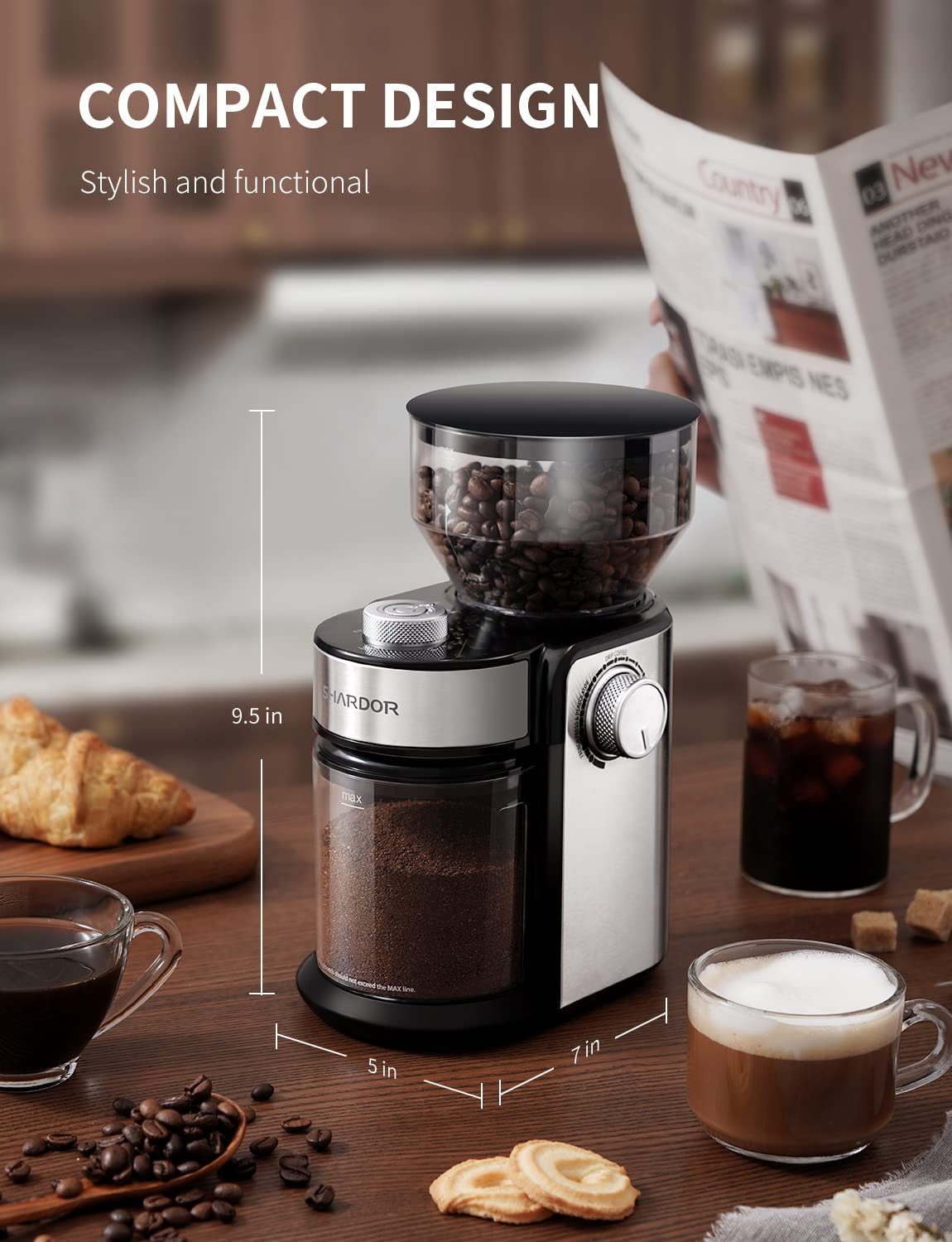 SHARDOR Coffee Grinder, Adjustable Burr Mill with 16 Precise Grind Setting for 2-14 Cup, Silver