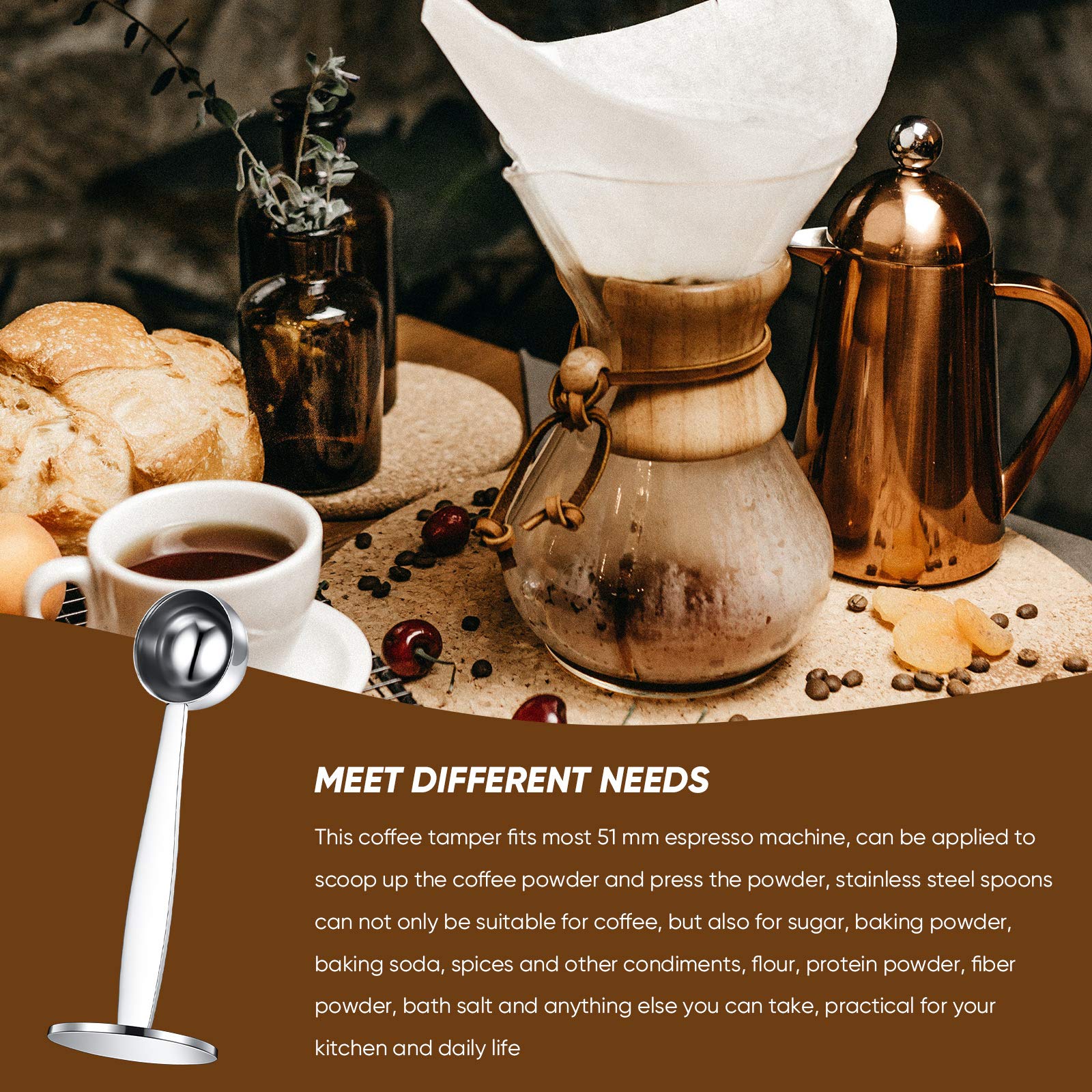 2 Pieces Coffee Scoop Stainless Steel Espresso Tamper 51 mm Two in One Measuring and Espresso Coffee Tamper for Coffee Bean Press Coffee Grinding Pressing, 15 ml