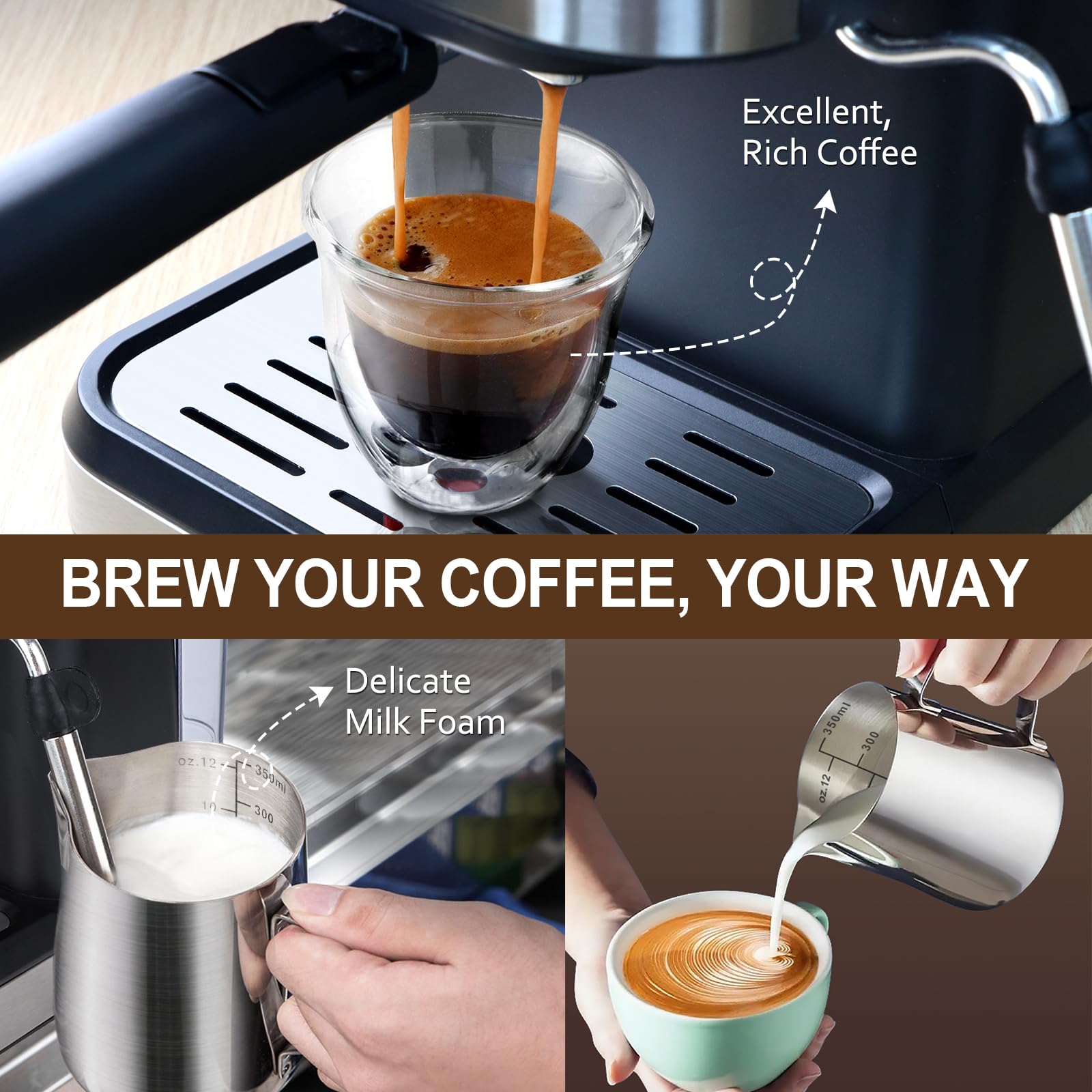 ICUIRE 20 Bar Espresso Machine with Milk Frothing Pitcher, 1.5L Removable Water Tank, Semi-Automatic Coffee Machine with Steam Wand for Espresso, Latte, and Cappuccino, 1050W