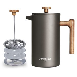 poliviar french press coffee maker, 34 ounce coffee press with real wood handle, double wall insulation & dual-filter screen, food grade stainless steel for good coffee and tea (cliff)