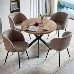 NORDICANA 5 Pieces 37-Inch Round Dining Table and Upholstered Chairs for Four Person, MDF Table-top, Light Brown Fuzzy Sherpa Armchairs with Black Metal Leg for Kitchen, Reception Room