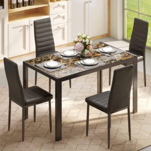 Gizoon 5 Piece Glass Dining Table Set, Kitchen and Chairs for 4, PU Leather Modern Room Sets for Home, Kitchen, Living Room