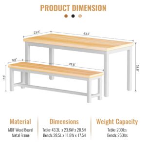 AWQM 43.3" Dining Table Set for 4, Kitchen Dining Table with 2 Benches, Dining Room Table Set with Metal Frame & Thickened Board for Kitchen, Restaurant, Oak