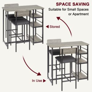 GAOMON Dining Table Set for 2, Kitchen Table and Chairs for 2 with Upholstered Chairs, 3 Piece Counter Height Bar Kitchen Table Set with 3 Storage Shelves for Small Space, Apartment, Rustic Gray